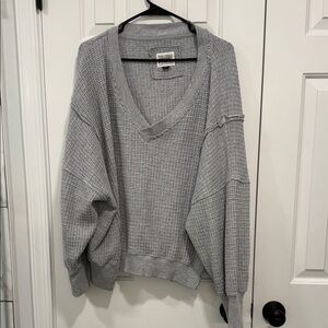 American Eagle Waffle Light Gray V-Neck Sweater